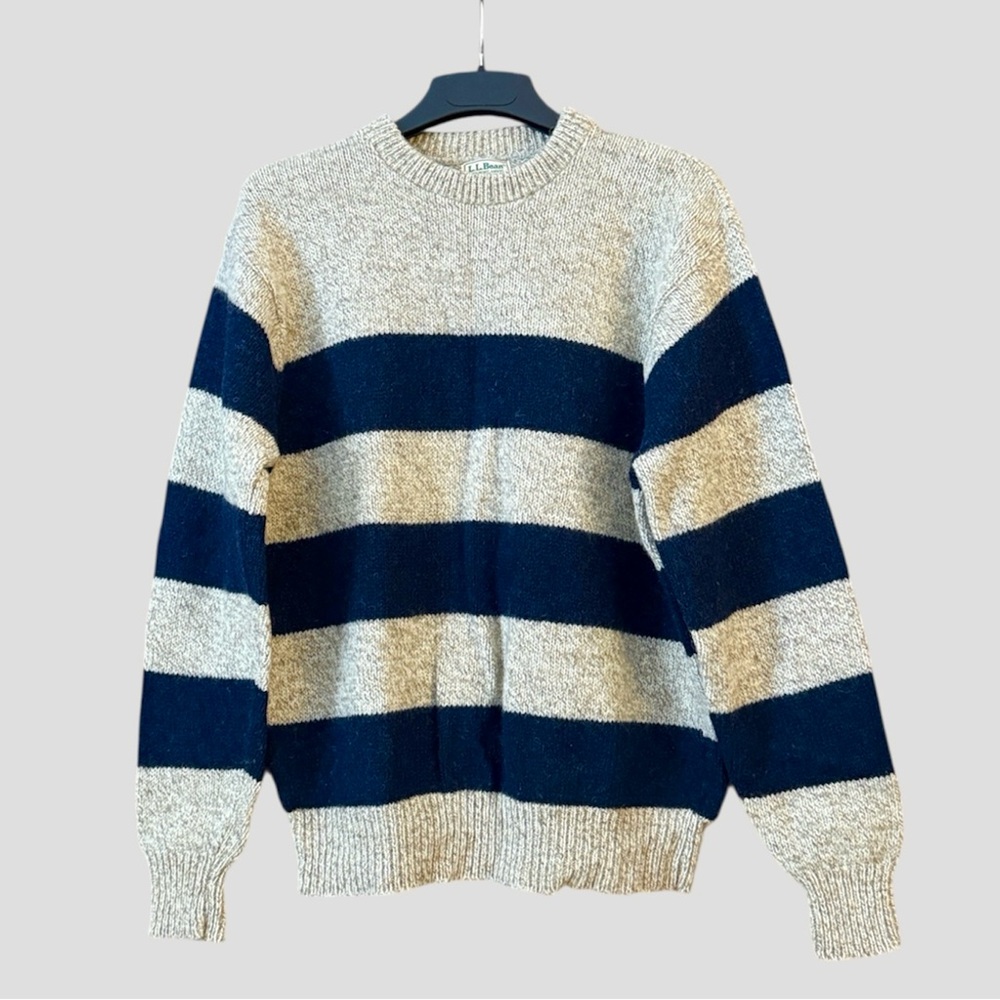 L.L. Bean True Vintage 80’s Ragg Wool Rugby Stripe Sweater Tan Navy Men’s XL - Picture 1 of 13